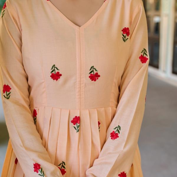 Chanderi Peach embroidered Anarkali Set with Mal Cotton Dupatta – Comfortable Ethnic Wear