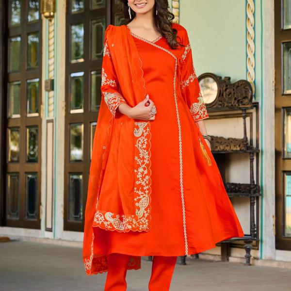 Radiant Orange Roman Silk Salwar Suit with Organza Dupatta – Festive & Party Wear