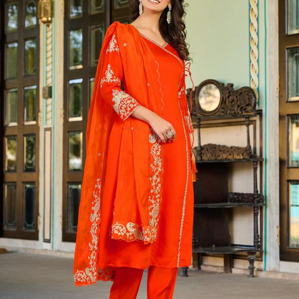 Radiant Orange Roman Silk Salwar Suit with Organza Dupatta – Festive & Party Wear