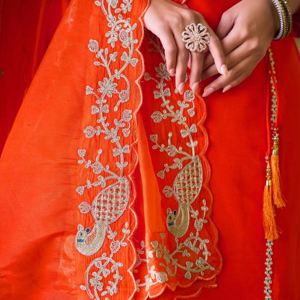 Radiant Orange Roman Silk Salwar Suit with Organza Dupatta – Festive & Party Wear