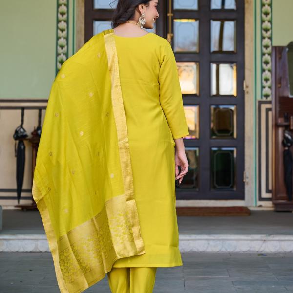 Elegant Parrot Green Salwar Suit Set with Banarasi Silk Dupatta – Festive & Party Wear