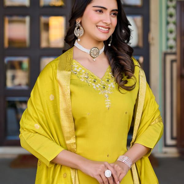 Elegant Parrot Green Salwar Suit Set with Banarasi Silk Dupatta – Festive & Party Wear