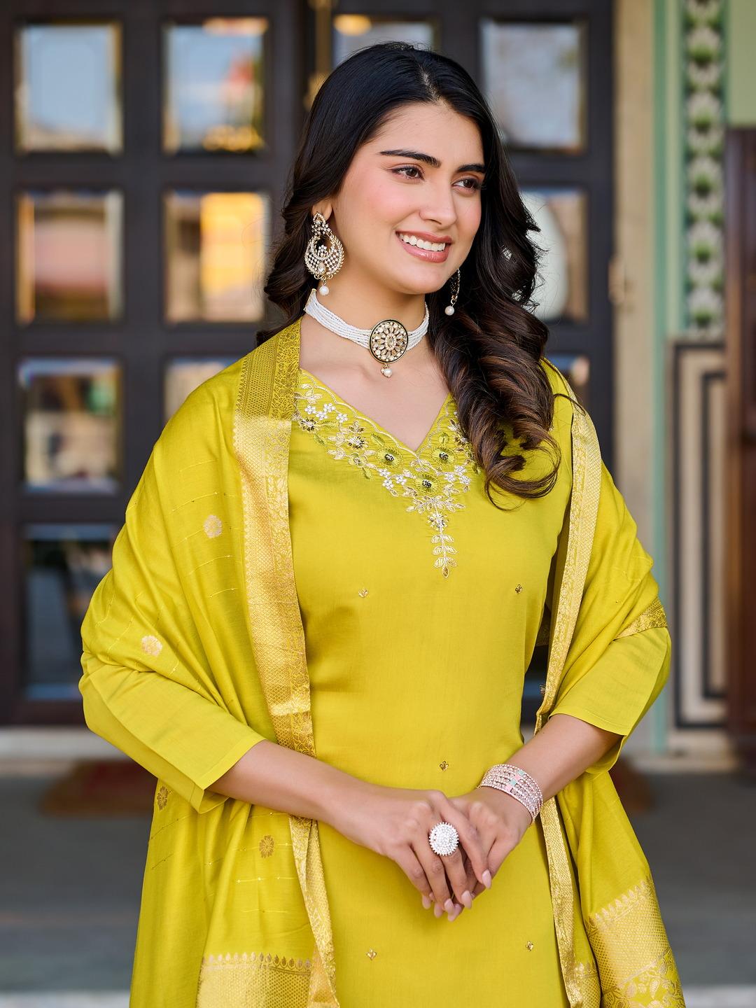 Elegant Parrot Green Salwar Suit Set with Banarasi Silk Dupatta – Festive & Party Wear