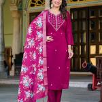 Wine Roman Silk Salwar Suit Set with Banarasi Printed Dupatta – Festive & Party Wear