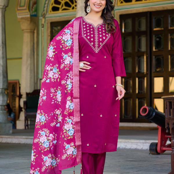 Wine Roman Silk Salwar Suit Set with Banarasi Printed Dupatta – Festive & Party Wear