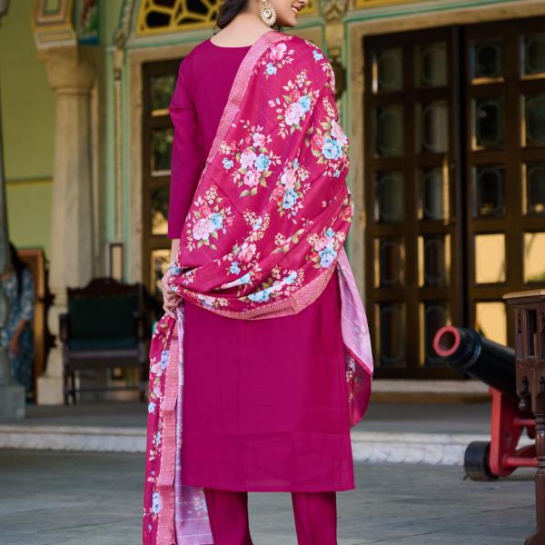 Wine Roman Silk Salwar Suit Set with Banarasi Printed Dupatta – Festive & Party Wear