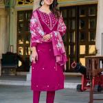 Wine Roman Silk Salwar Suit Set with Banarasi Printed Dupatta – Festive & Party Wear
