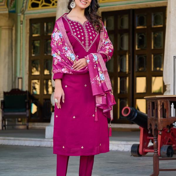 Wine Roman Silk Salwar Suit Set with Banarasi Printed Dupatta – Festive & Party Wear