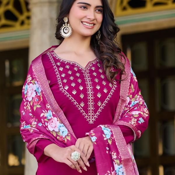 Wine Roman Silk Salwar Suit Set with Banarasi Printed Dupatta – Festive & Party Wear