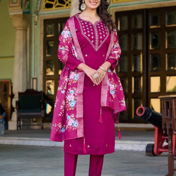 Wine Roman Silk Salwar Suit Set with Banarasi Printed Dupatta – Festive & Party Wear