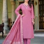 Light Pink Roman Silk Salwar Suit Set with Banarasi Printed Dupatta – Festive & Party Wear