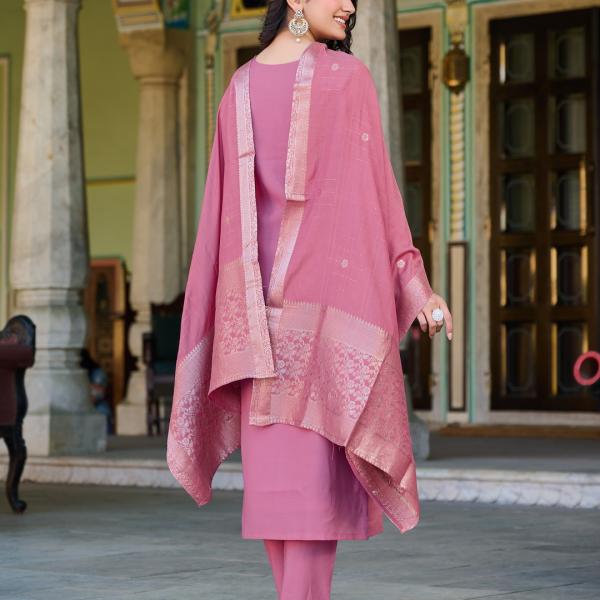 Light Pink Roman Silk Salwar Suit Set with Banarasi Printed Dupatta – Festive & Party Wear