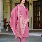Light Pink Roman Silk Salwar Suit Set with Banarasi Printed Dupatta – Festive & Party Wear