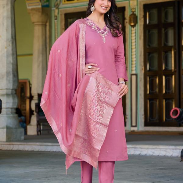 Light Pink Roman Silk Salwar Suit Set with Banarasi Printed Dupatta – Festive & Party Wear