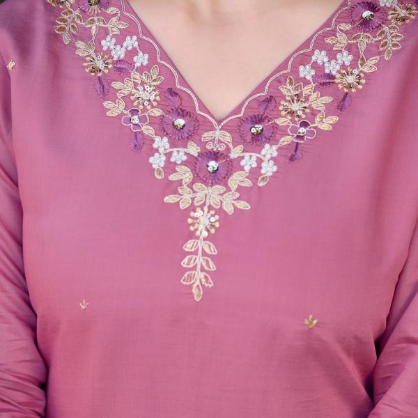 Light Pink Roman Silk Salwar Suit Set with Banarasi Printed Dupatta – Festive & Party Wear