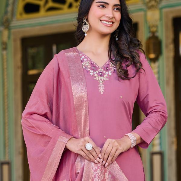 Light Pink Roman Silk Salwar Suit Set with Banarasi Printed Dupatta – Festive & Party Wear