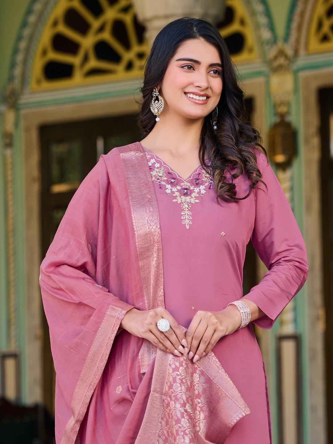 Light Pink Roman Silk Salwar Suit Set with Banarasi Printed Dupatta – Festive & Party Wear