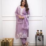 Light Purple Roman Silk Salwar Suit Set with Banarasi Printed Dupatta – Festive & Party Wear