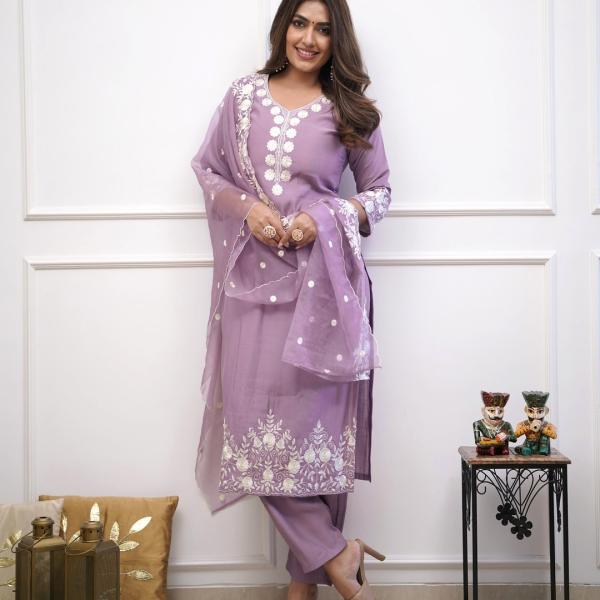 Light Purple Roman Silk Salwar Suit Set with Banarasi Printed Dupatta – Festive & Party Wear