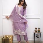 Light Purple Roman Silk Salwar Suit Set with Banarasi Printed Dupatta – Festive & Party Wear