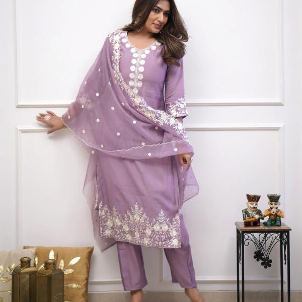 Light Purple Roman Silk Salwar Suit Set with Banarasi Printed Dupatta – Festive & Party Wear