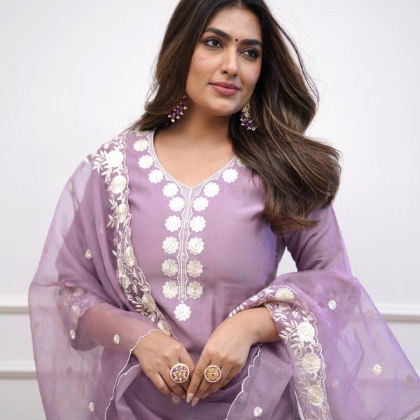 Light Purple Roman Silk Salwar Suit Set with Banarasi Printed Dupatta – Festive & Party Wear