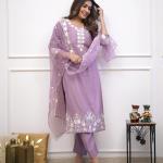 Light Purple Roman Silk Salwar Suit Set with Banarasi Printed Dupatta – Festive & Party Wear