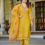 Mustard Roman Silk Salwar Suit Set with Banarasi Printed Dupatta – Festive & Party Wear