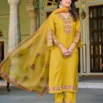 Mustard Roman Silk Salwar Suit Set with Banarasi Printed Dupatta – Festive & Party Wear