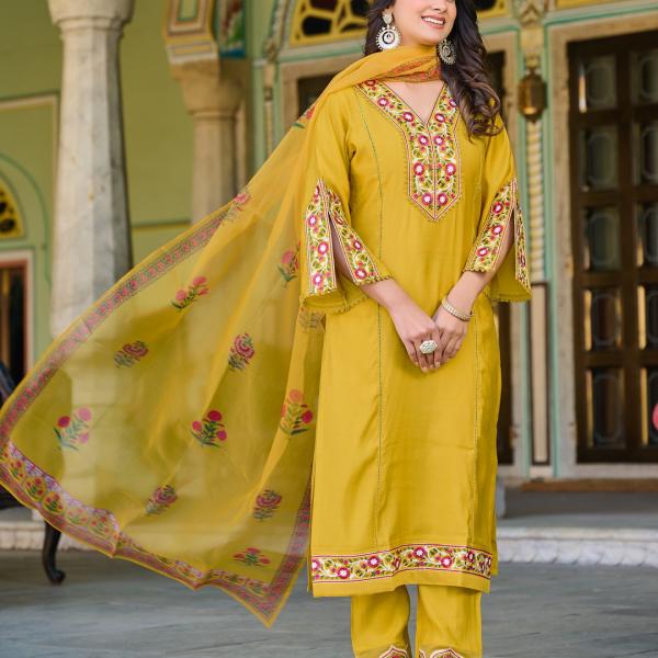 Mustard Roman Silk Salwar Suit Set with Banarasi Printed Dupatta – Festive & Party Wear