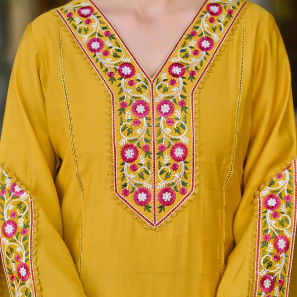 Mustard Roman Silk Salwar Suit Set with Banarasi Printed Dupatta – Festive & Party Wear