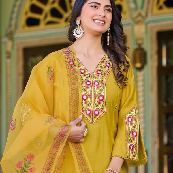 Mustard Roman Silk Salwar Suit Set with Banarasi Printed Dupatta – Festive & Party Wear
