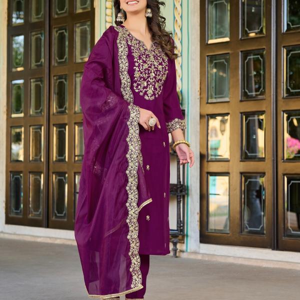 Graceful Purple Roman Silk Salwar Suit with Organza Silk Dupatta – Festive & Ethnic Wear for Women
