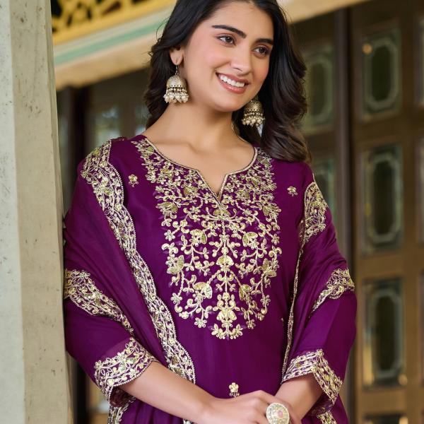 Graceful Purple Roman Silk Salwar Suit with Organza Silk Dupatta – Festive & Ethnic Wear for Women
