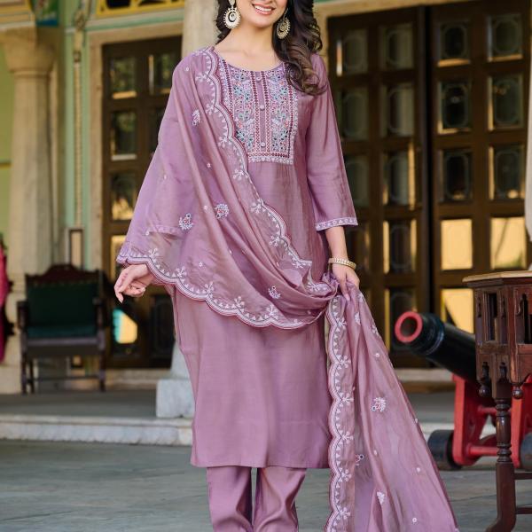 Light Purple Roman Silk Salwar Suit with Organza Silk Dupatta – Elegant Festive Wear for Women