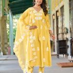 Yellow Elegant Maska Cotton Salwar Suit Set with Organza Silk Dupatta – Festive & Party Wear
