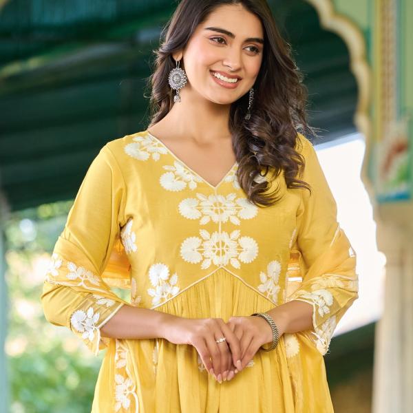 Yellow Elegant Maska Cotton Salwar Suit Set with Organza Silk Dupatta – Festive & Party Wear