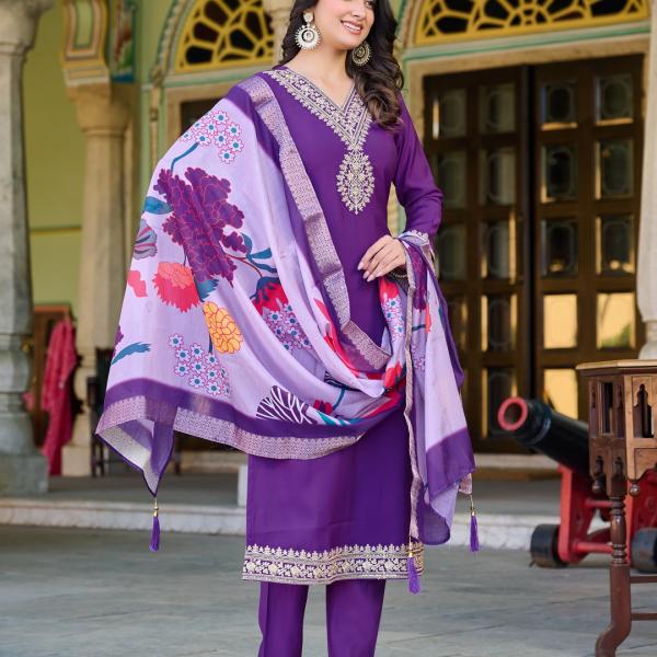 Royal Purple Roman Silk Salwar Suit with Banarasi Printed Dupatta – Festive & Party Wear