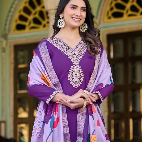 Royal Purple Roman Silk Salwar Suit with Banarasi Printed Dupatta – Festive & Party Wear