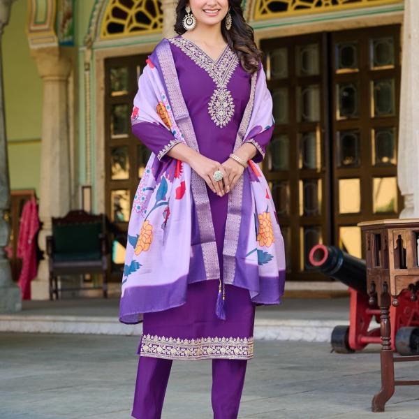 Royal Purple Roman Silk Salwar Suit with Banarasi Printed Dupatta – Festive & Party Wear