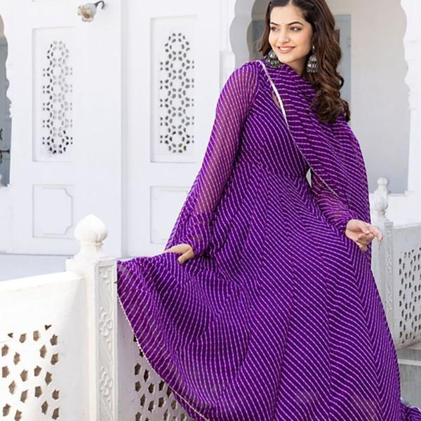 Elegant Fox Purple Georgette Digital Print Gown with Dupatta Set